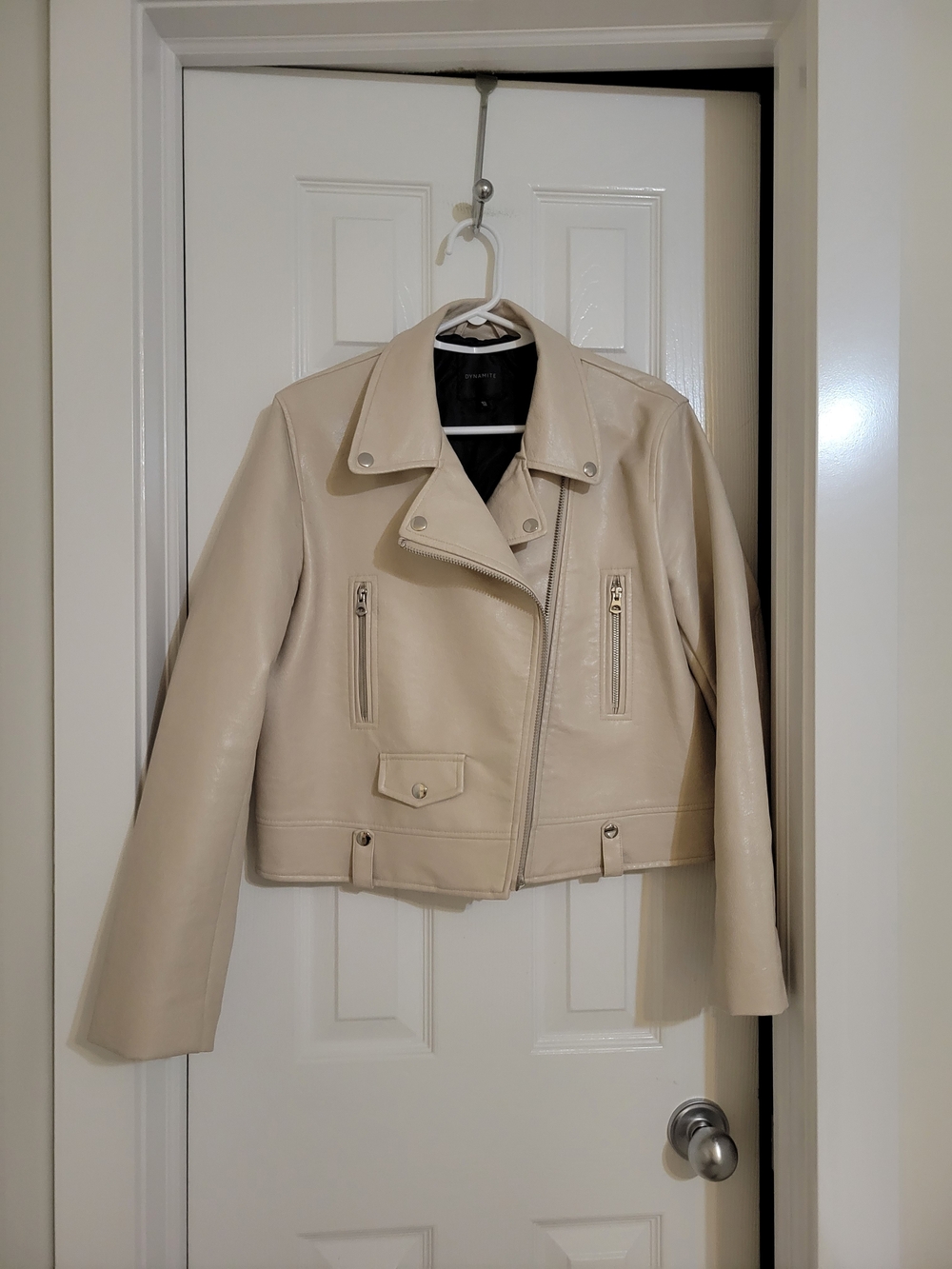 Dynamite Cream Leather Moto Jacket with Silver Zippers Size L